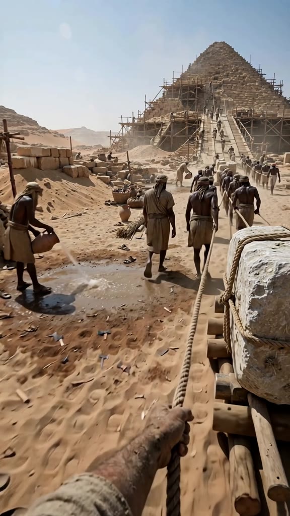 AI-created POV scene of a stone block being hauled toward a pyramid
