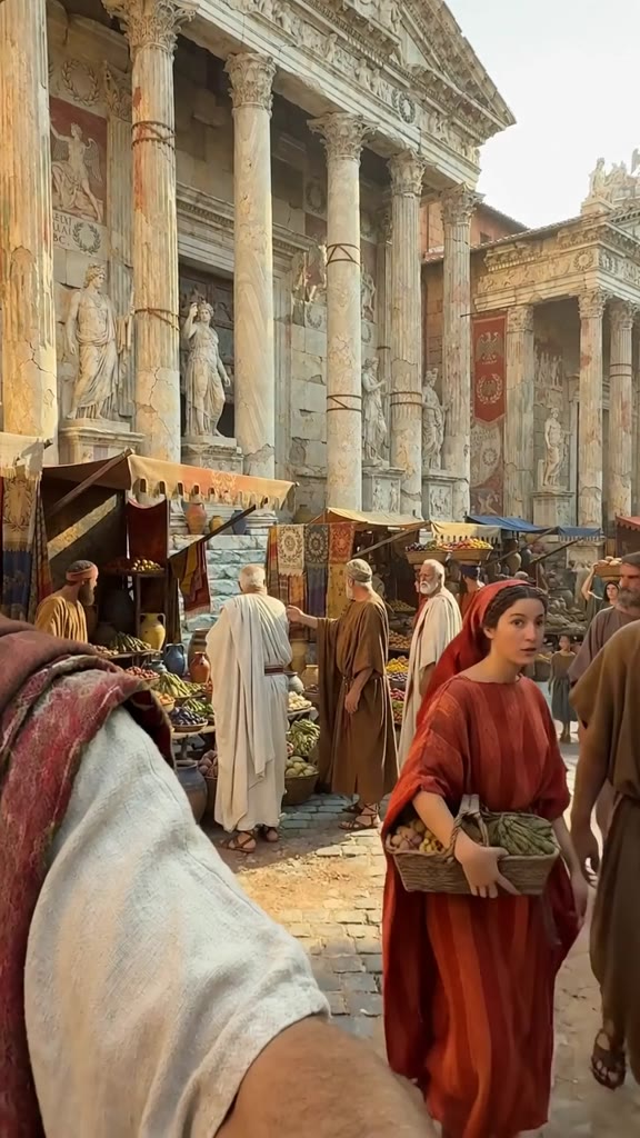 AI-created Roman market with merchants and columned buildings